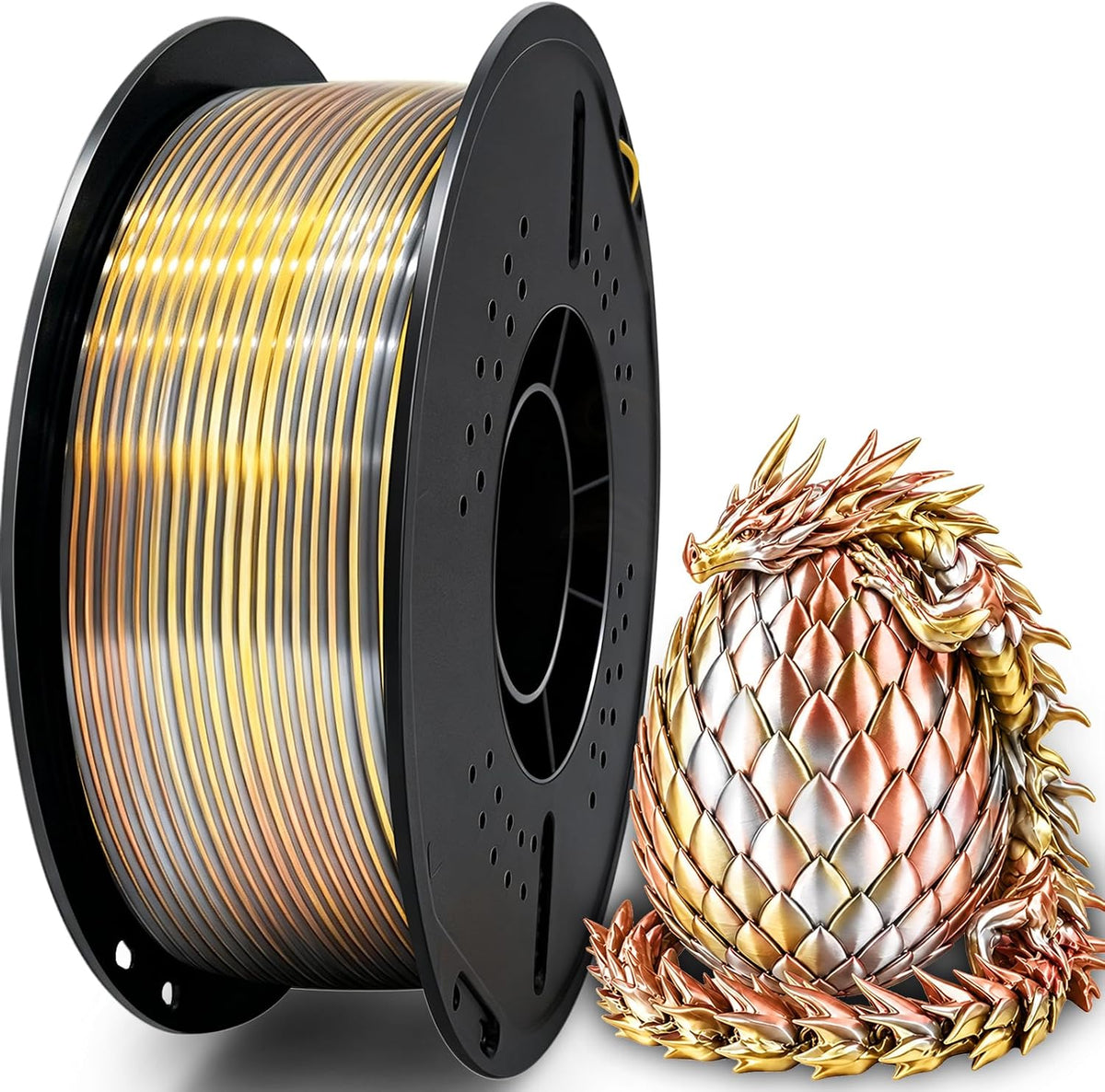 UGUESS Filamento 3D de seda PLA+, tricolor de 0.07 in, oro, plata y...