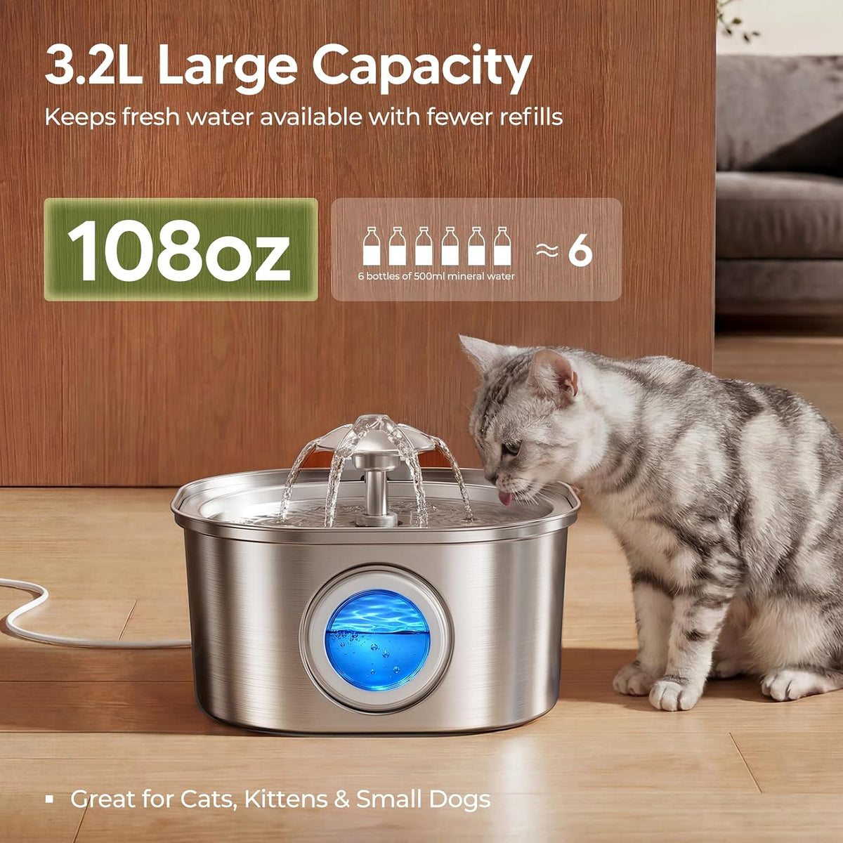 PEKTACO Fuente de agua para gatos, fuente para mascotas de acero in...