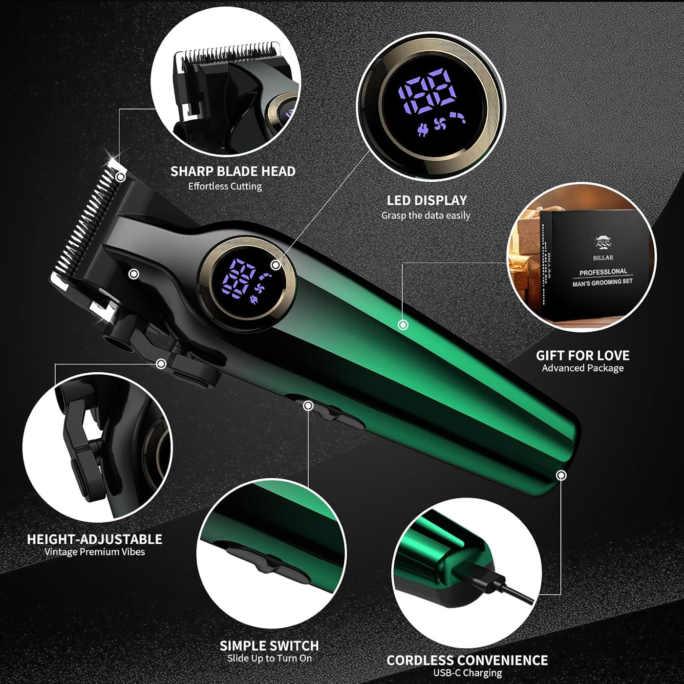 BILLAR® Cortapelos para hombres con recortador de barba, juego de c...