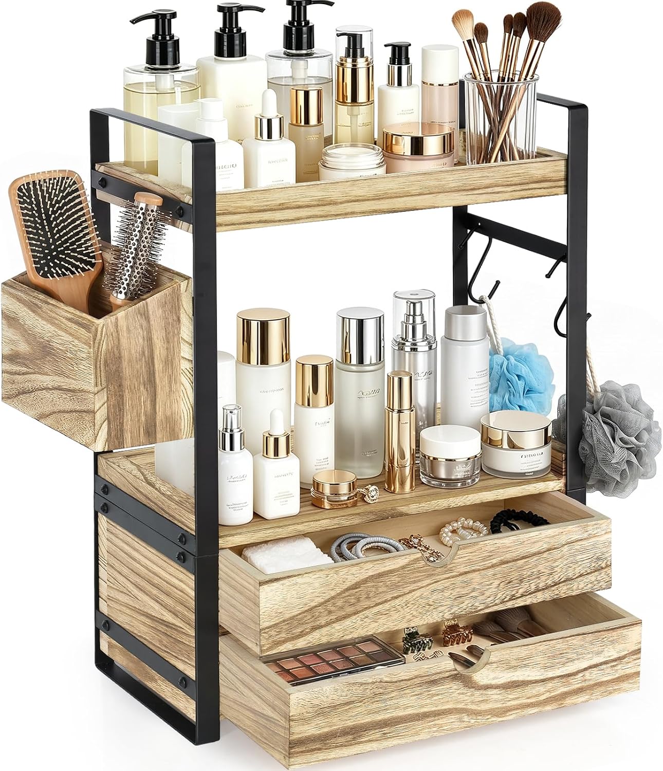 Organizador de encimera de baño de 2 niveles con 2 cajones, cesta y...