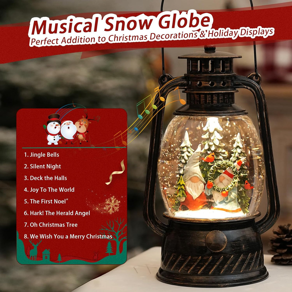 Globos de nieve de gnomos, decoraciones de Navidad, linterna musica...