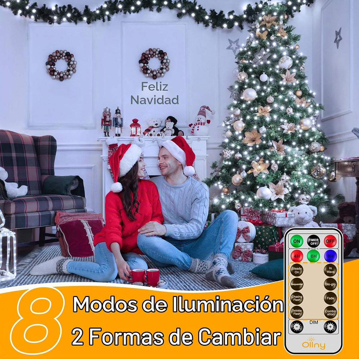 Ollny Luces de árbol de Navidad de 8.2 pies x 16 cuerdas con anillo...