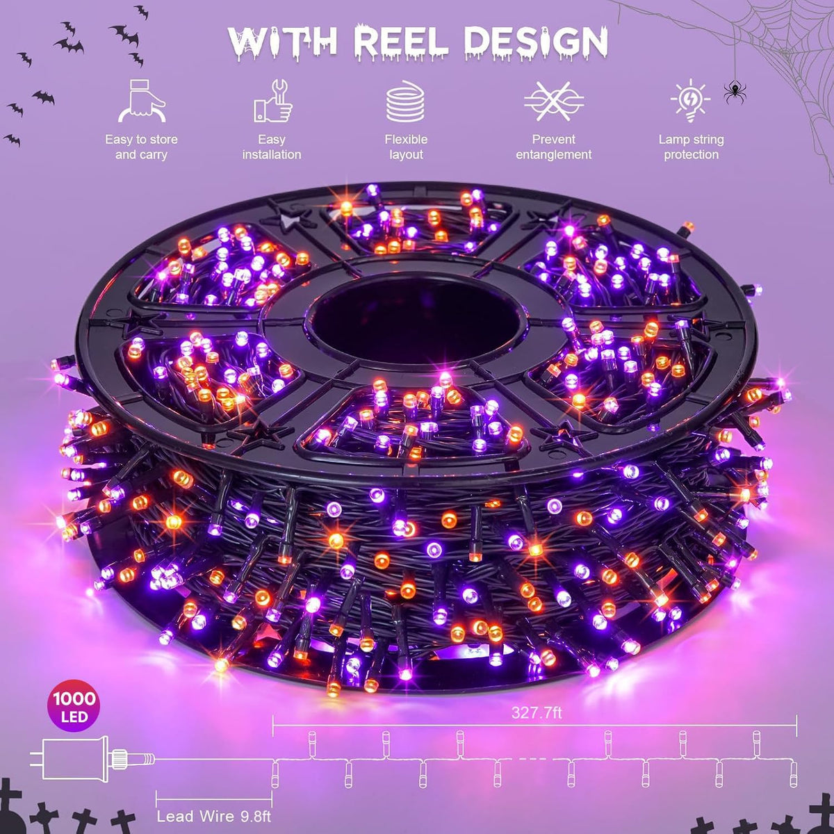 JMEXSUSS Guirnalda de 1000 luces LED naranja y morado, luces de Hal...