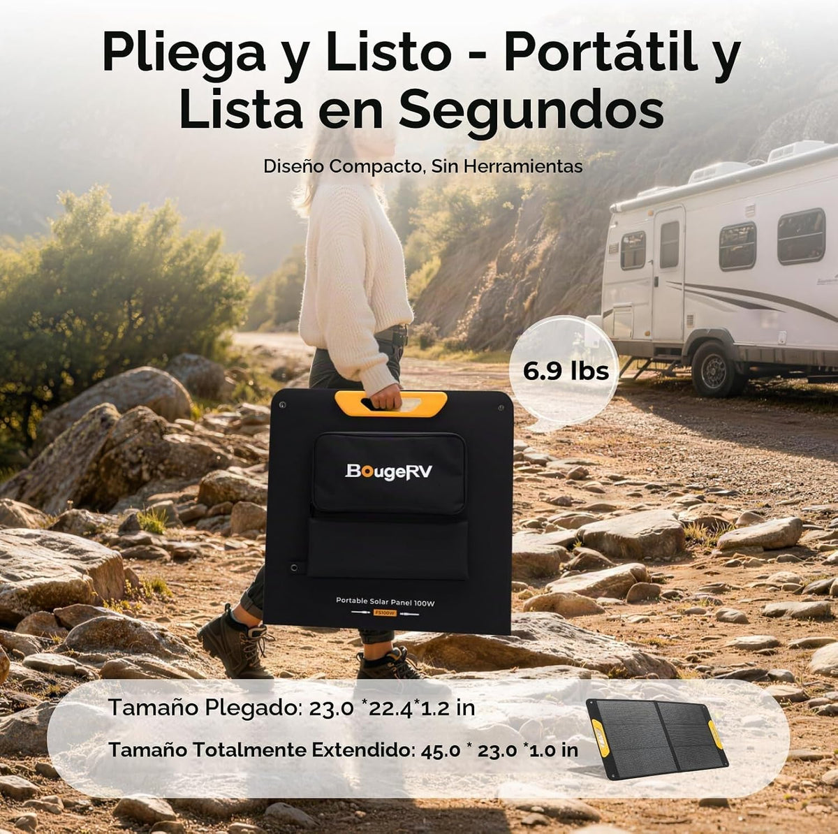 El panel solar portátil BougeRV 100W, tipo N plegable fibra de vidr...