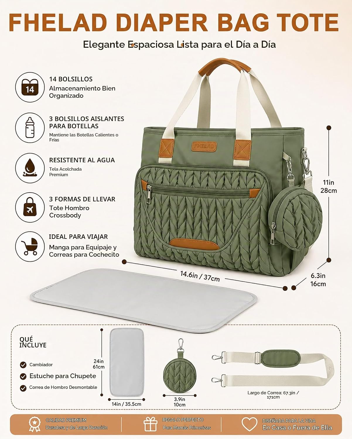 FHELAD Bolsa de pañales para mujer, bolsa de bebé con compartimento...