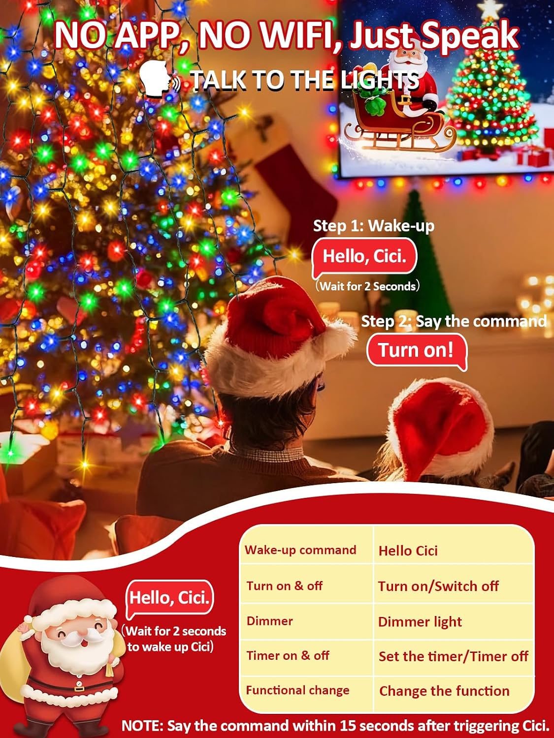 Luces para árbol de Navidad a prueba de agua con control por voz y...