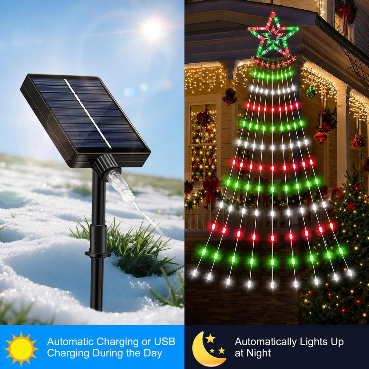 AMIPEPE Luces solares para árbol de Navidad, 18.37 pies 532 LED, ro...