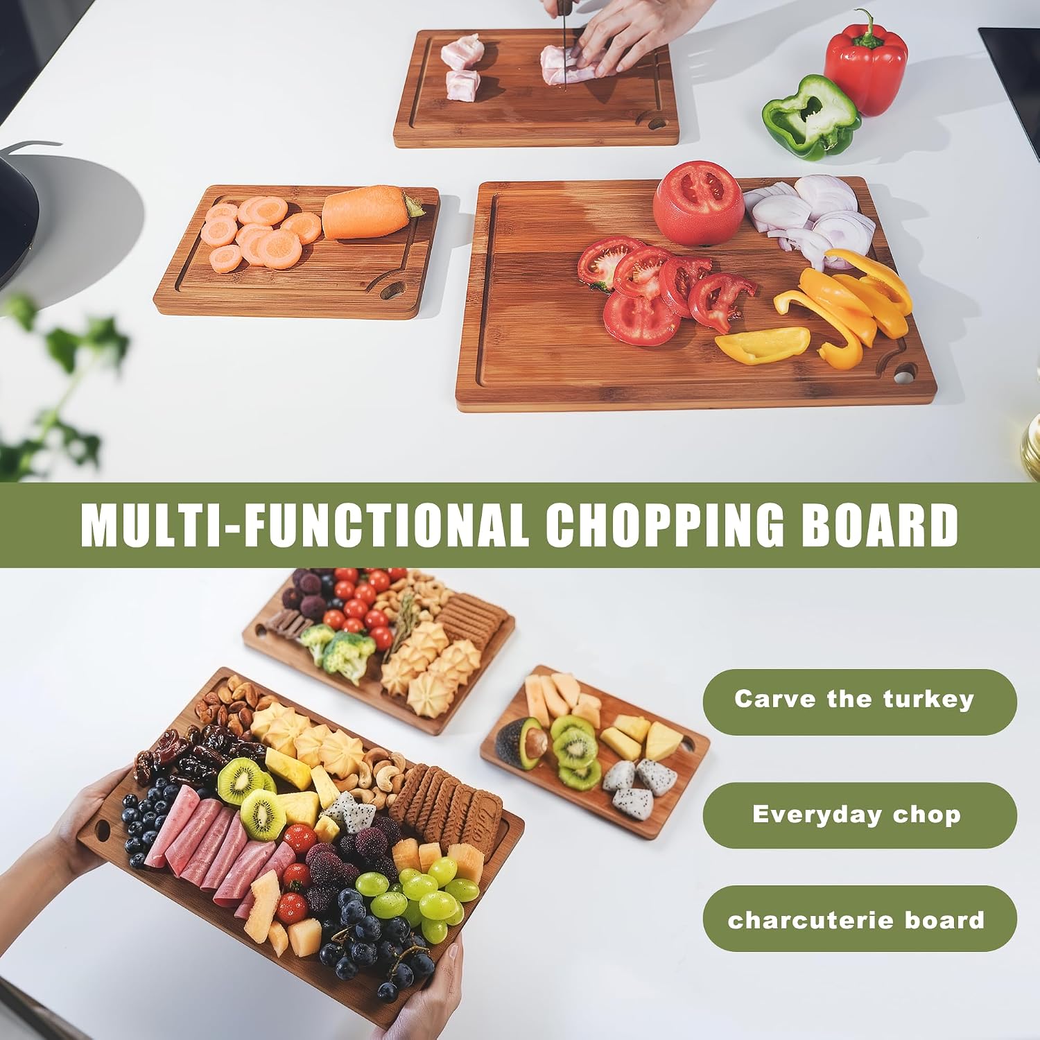 Juego de tablas de cortar de bambú orgánico de 3 piezas para cocina...