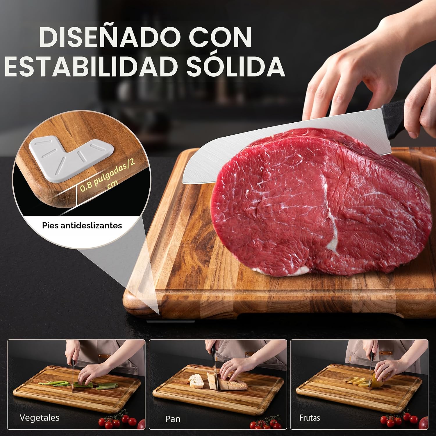 Juego de 3 tablas de cortar de madera de teca para cocina, tabla de...