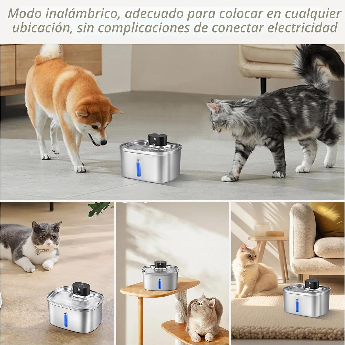 Fuente de agua inalámbrica para gatos de acero inoxidable, dispensa...