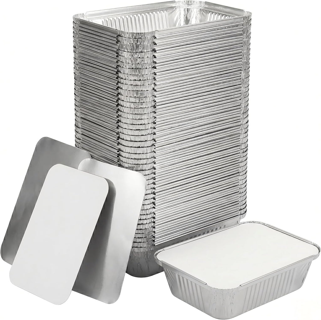 Julpvom Paquete de 100 bandejas de aluminio con tapas, recipientes...