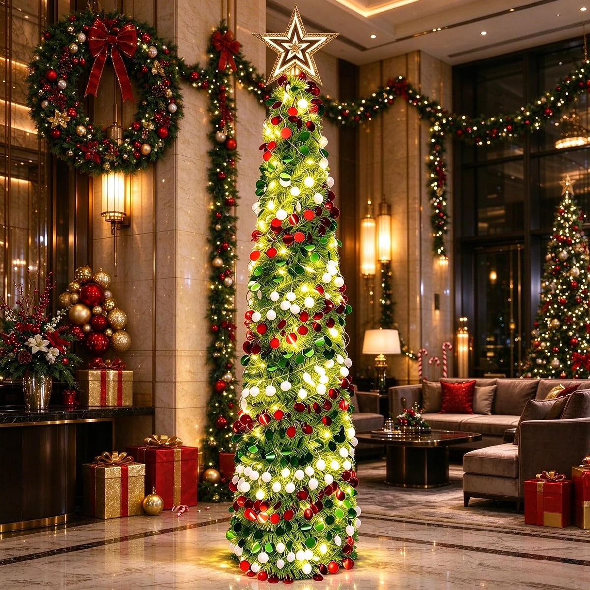 Árbol de Navidad de oropel de 5 pies con 50 luces LED cálidas, pleg...