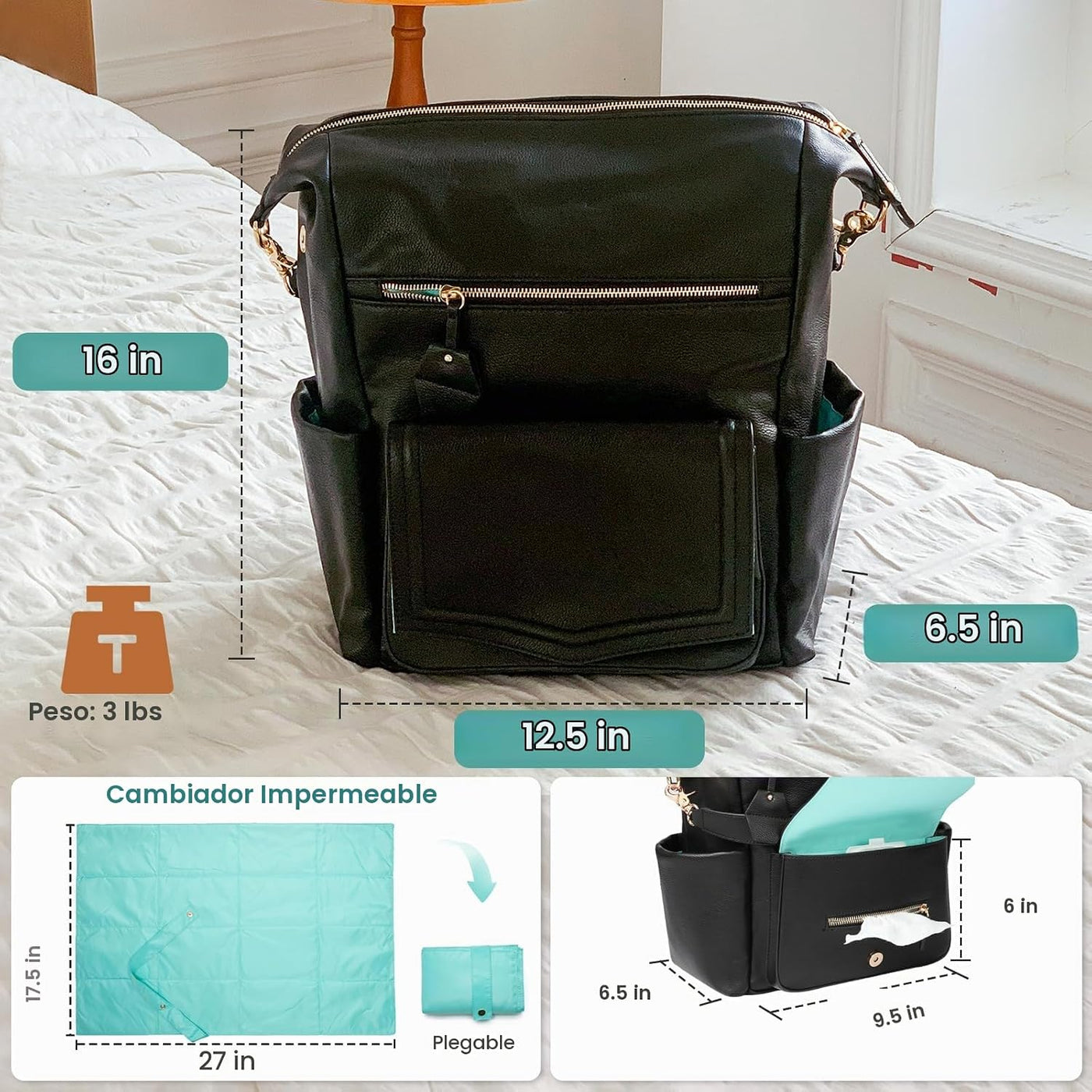 MOMINSIDE - Mochila de cuero convertible para pañales de bebé, bols...