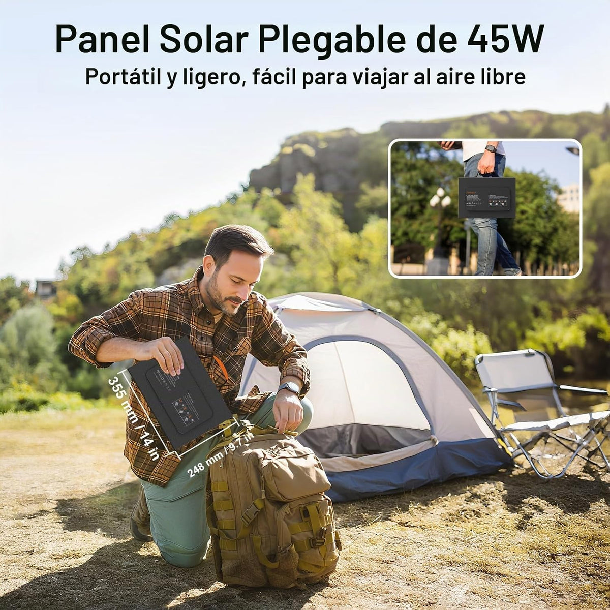 Cargador de panel solar portátil de 45 W con salidas USB-C, USB-A y...