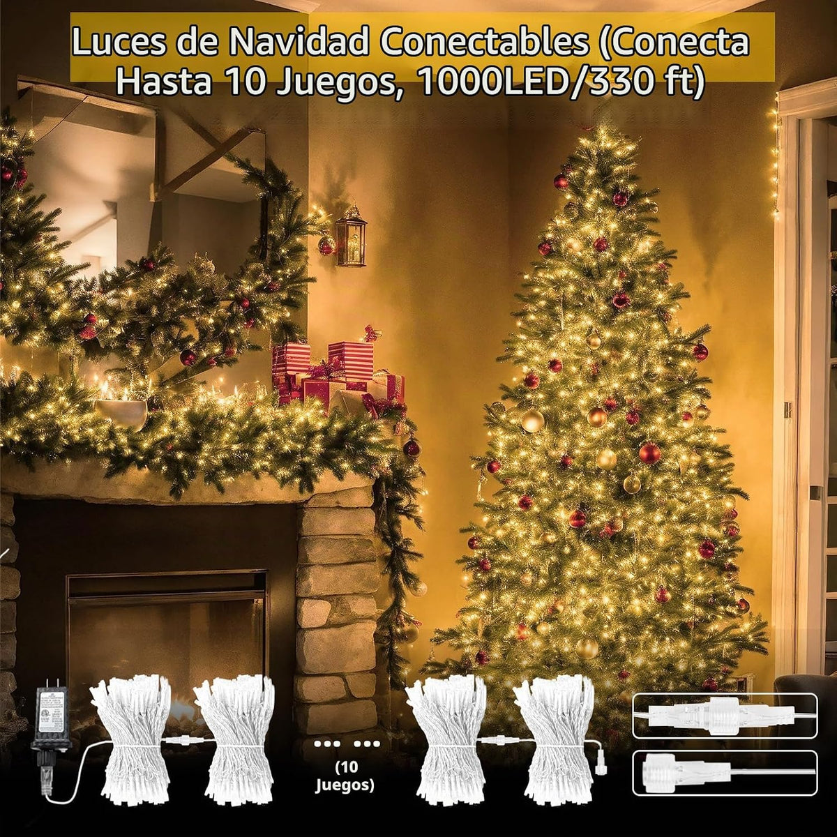 Paquete de 2 tiras de 100 luces LED conectables, luces de Navidad p...