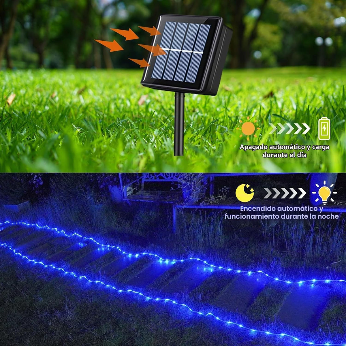 QITONG Guirnalda de luces solares azules, tira de 200 luces LED de...