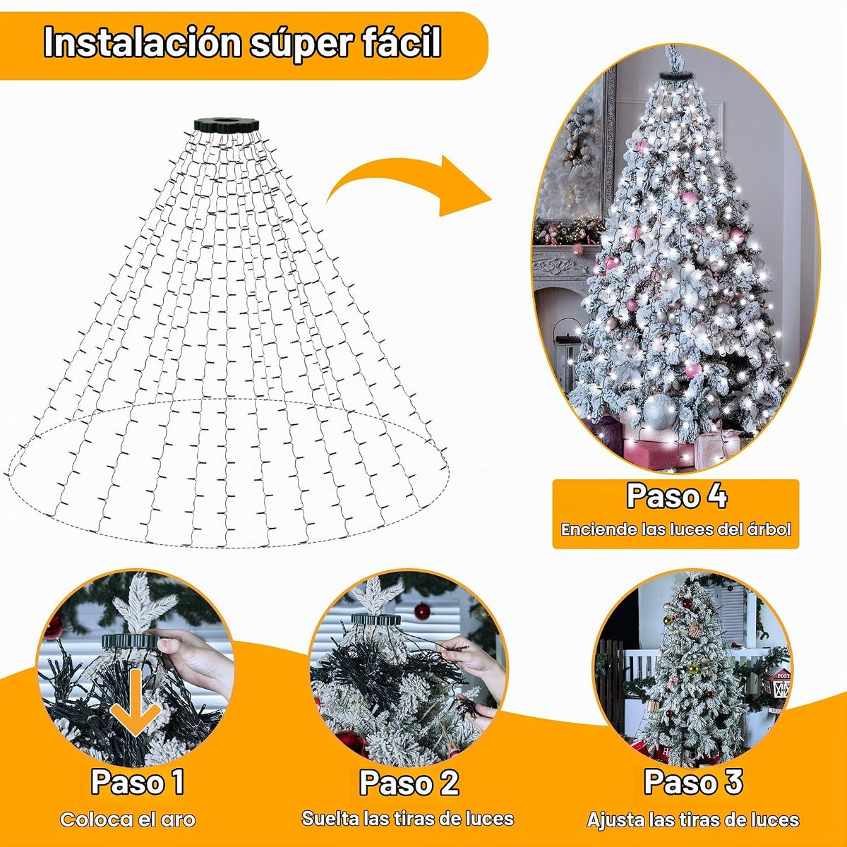 Ollny Luces de árbol de Navidad de 8.2 pies x 16 cuerdas con anillo...