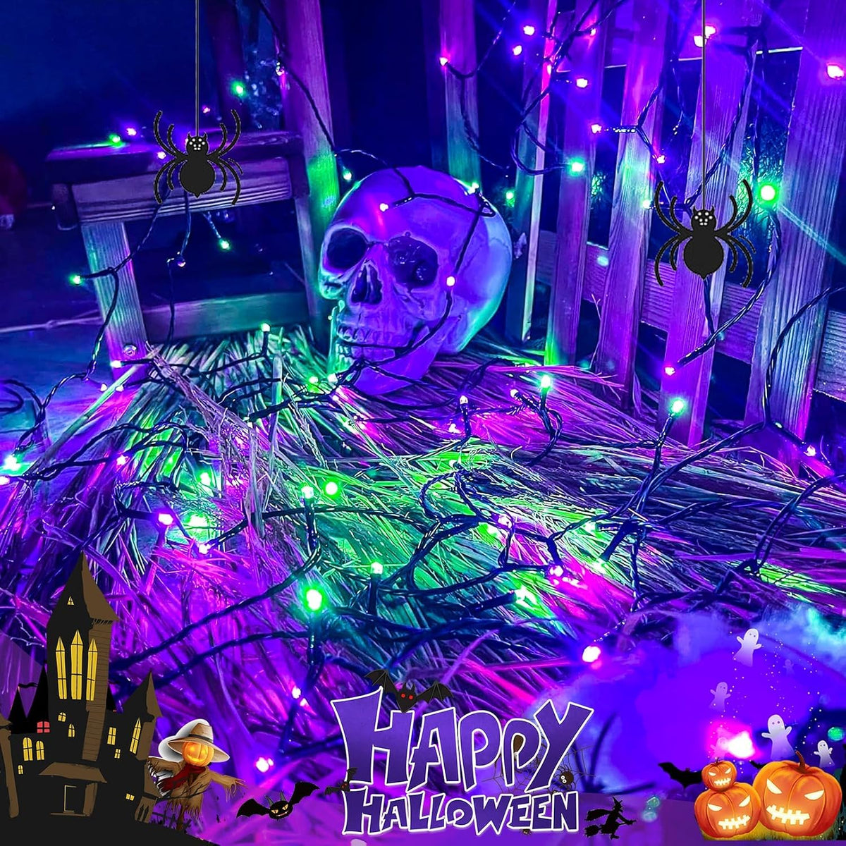 Luces de Halloween moradas y verdes, 95 pies, 240 LED, 13 modos de...