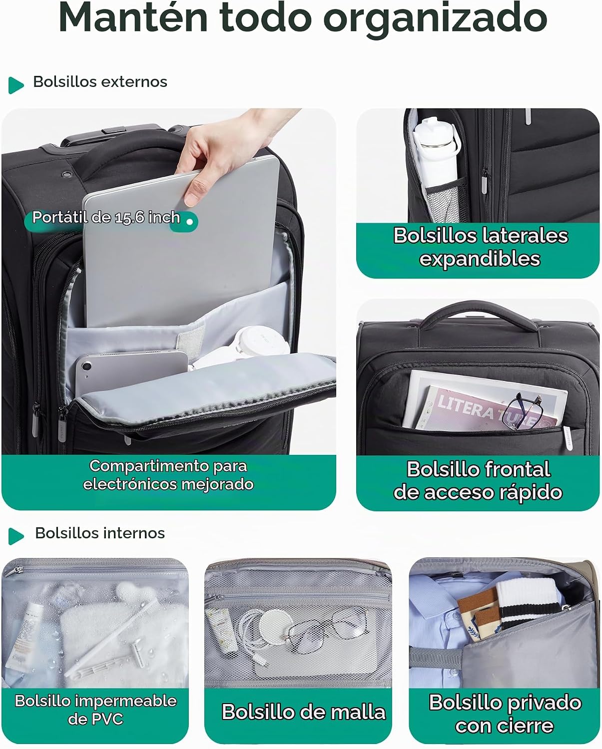 BAGSMART Equipaje de mano debajo del asiento aprobado por aerolínea...