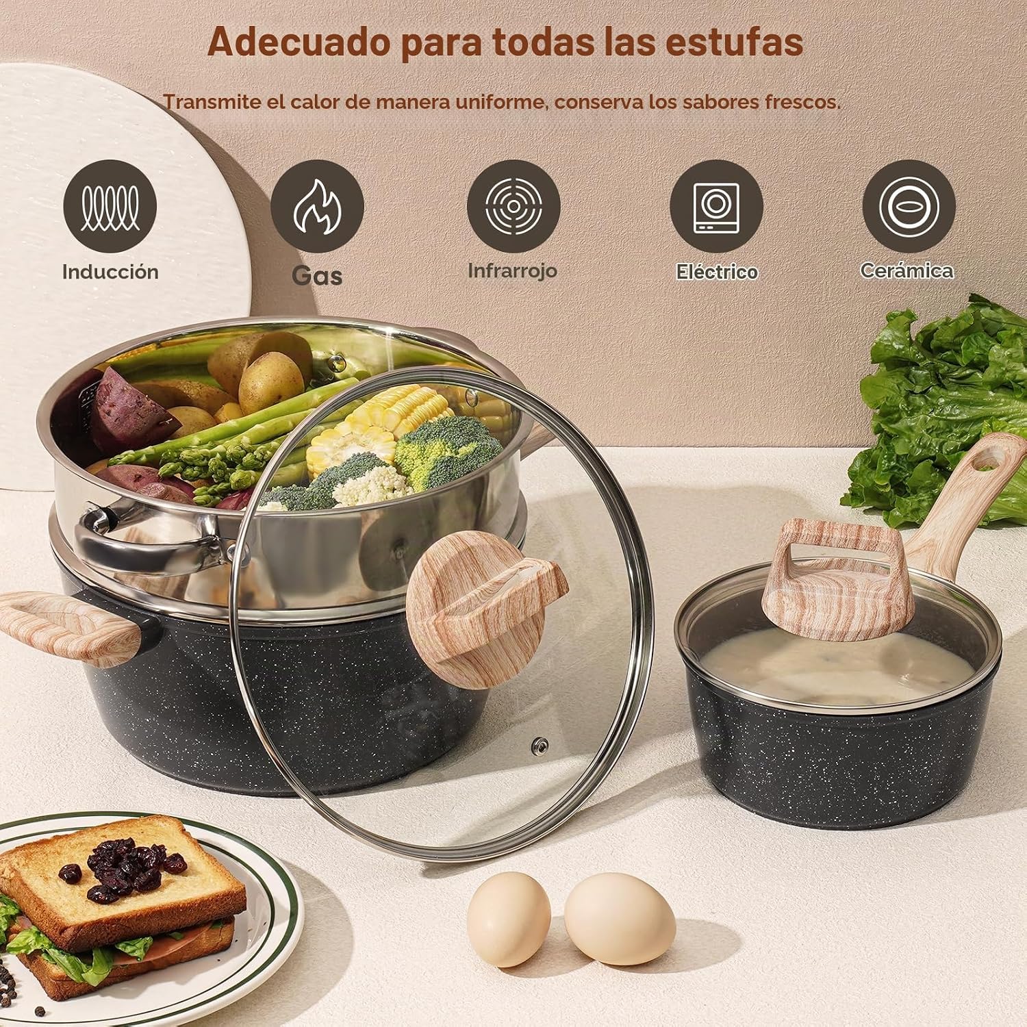 SODAY - Juego de ollas y sartenes antiadherentes, 17 piezas de uten...
