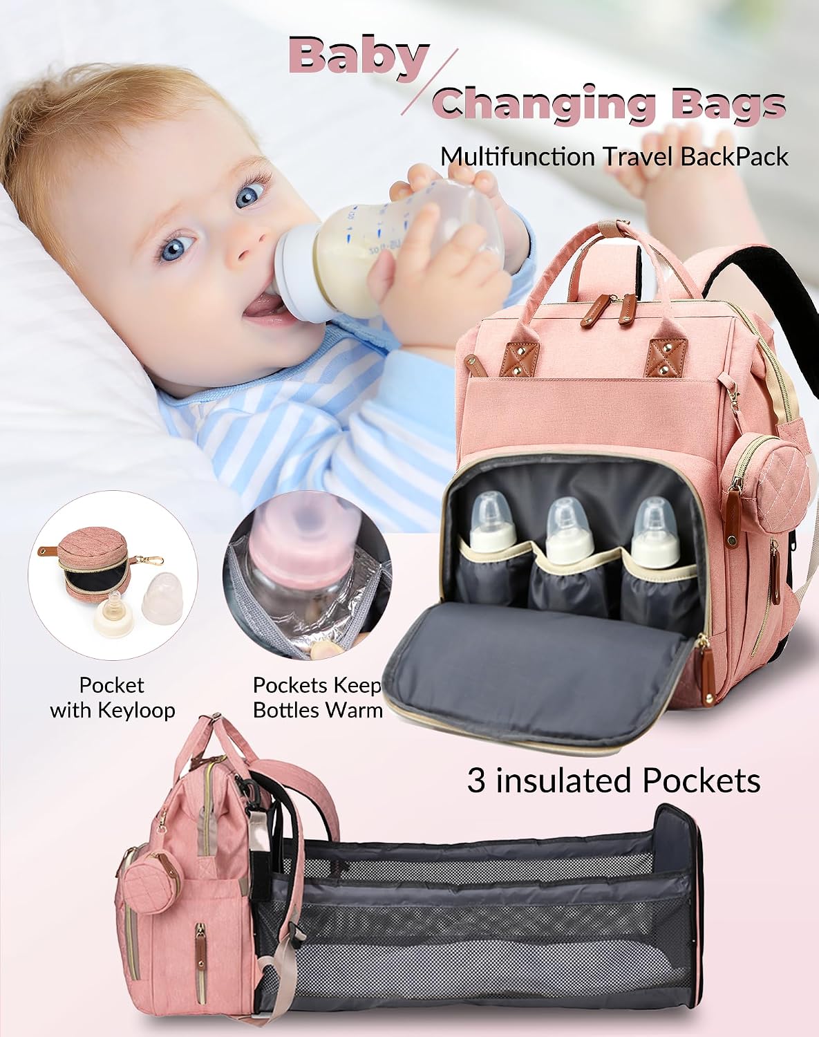 Lamroro Bolsa de pañales con cambiador, mochila impermeable 3 en 1...