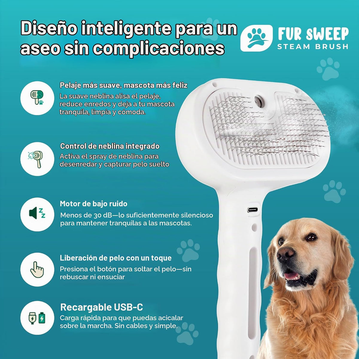 Cepillo de vapor de barrido de piel para perros, peine para aseo y...