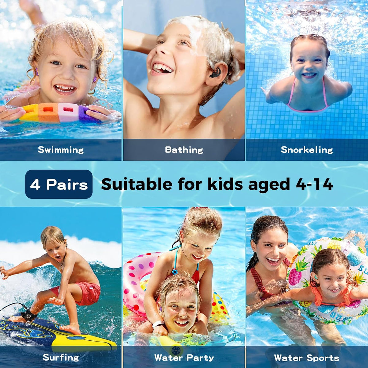 Tapones para los oídos de natación para adultos y niños, 4 pares de...