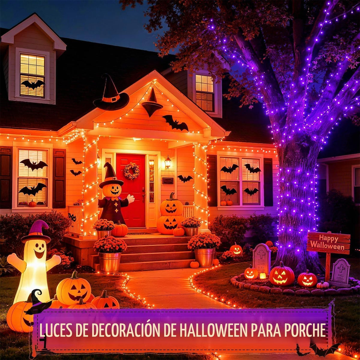 JMEXSUSS 250 luces LED de cadena de Halloween de 91.5 pies, de colo...