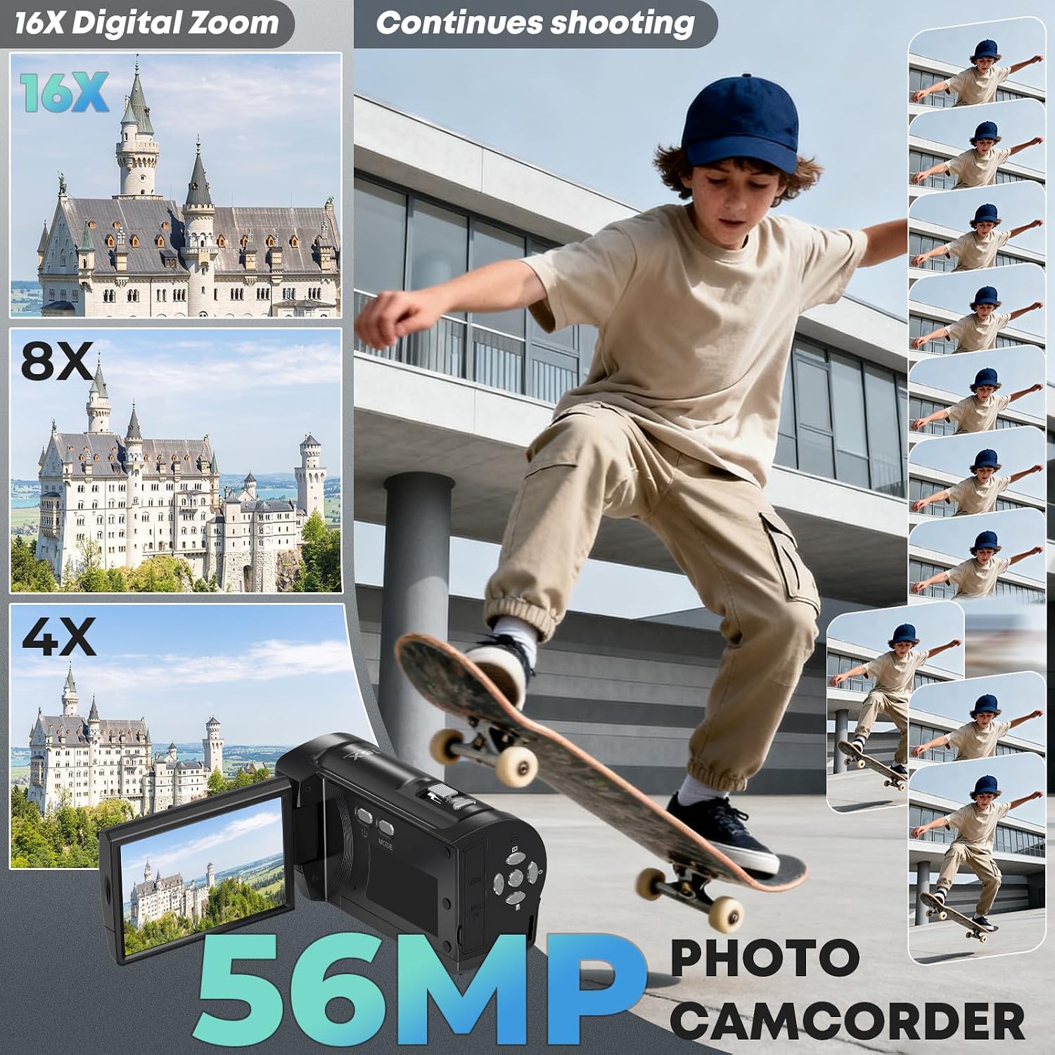Gcasio Cámara de vídeo 2.7K videocámara QHD 56MP YouTube Vlogging C...