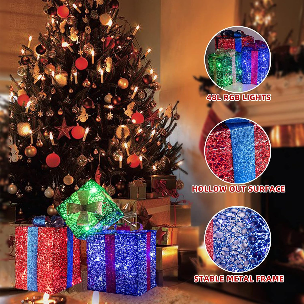 PEIDUO Cajas de regalo iluminadas de Navidad, juego de 3, decoracio...