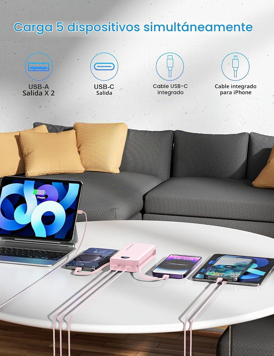 Cargador portátil Ffnpua 20000mAh PD20W con cables incorporados | C...
