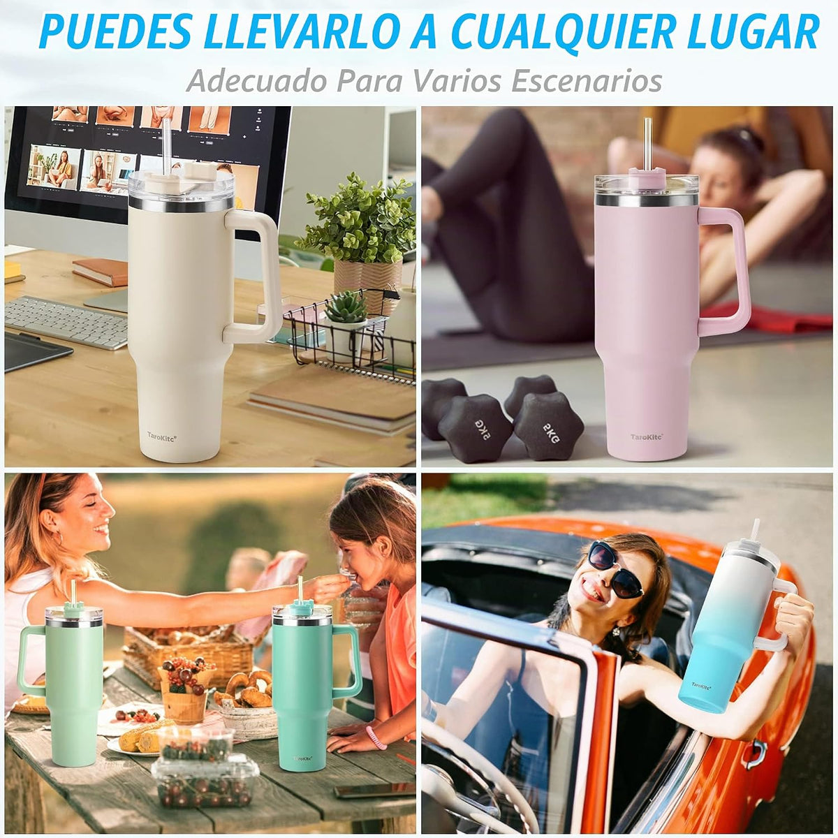 Vaso de 40 onzas con asa y pajilla, taza de viaje aislada rosa para...