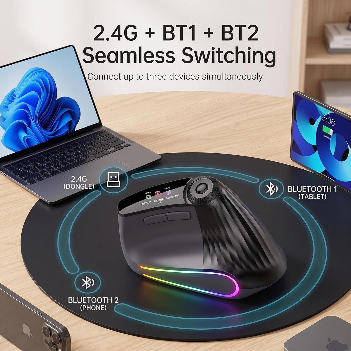 Taimousetvs Ratón vertical inalámbrico, dial ergonómico de acceso d...