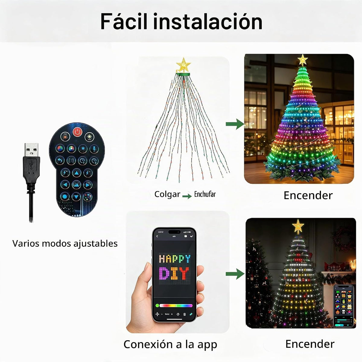 Luces inteligentes para árbol de Navidad, luces LED de cascada, dec...