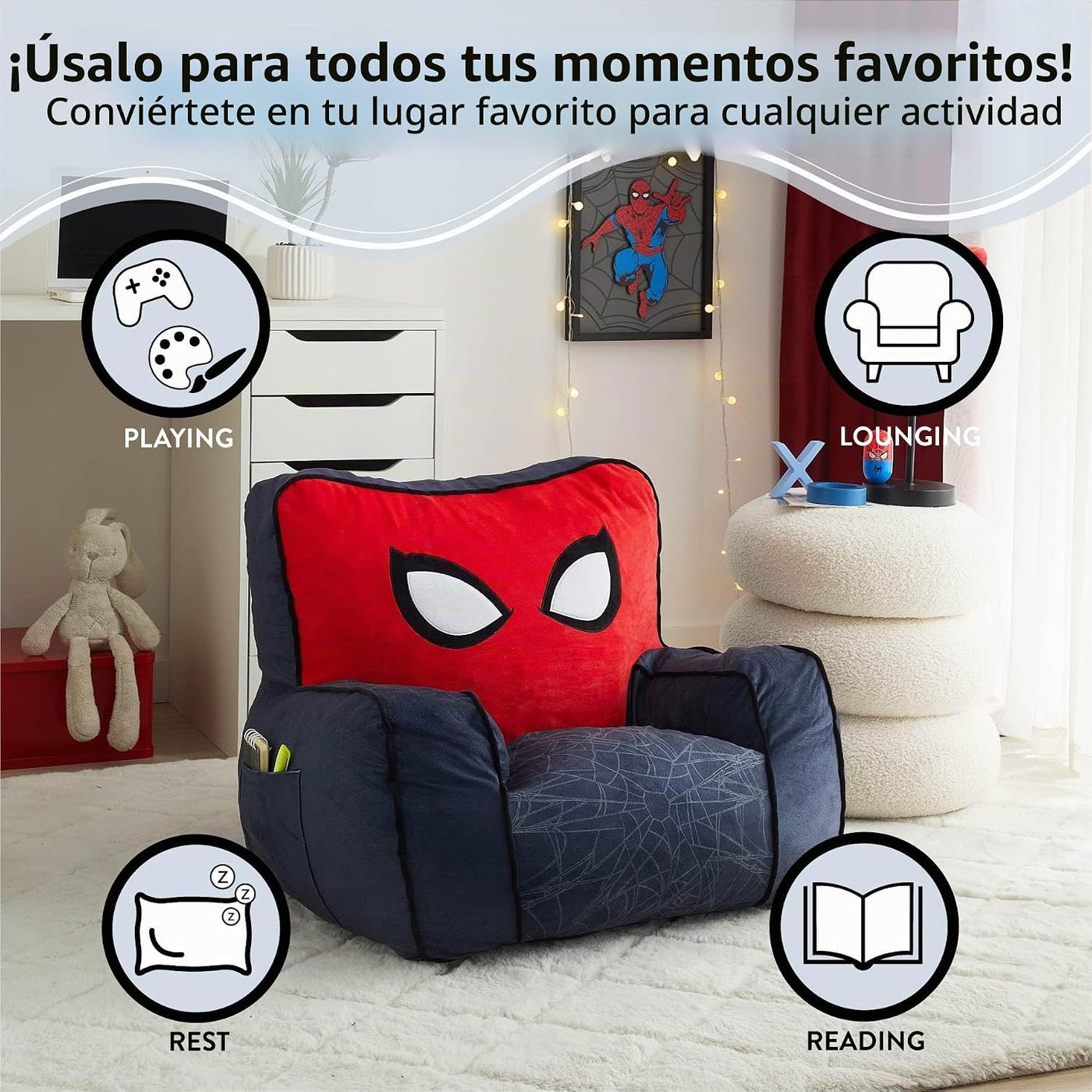 Idea Nuova Marvel Spiderman - Puf relleno de espuma para niños, asi...
