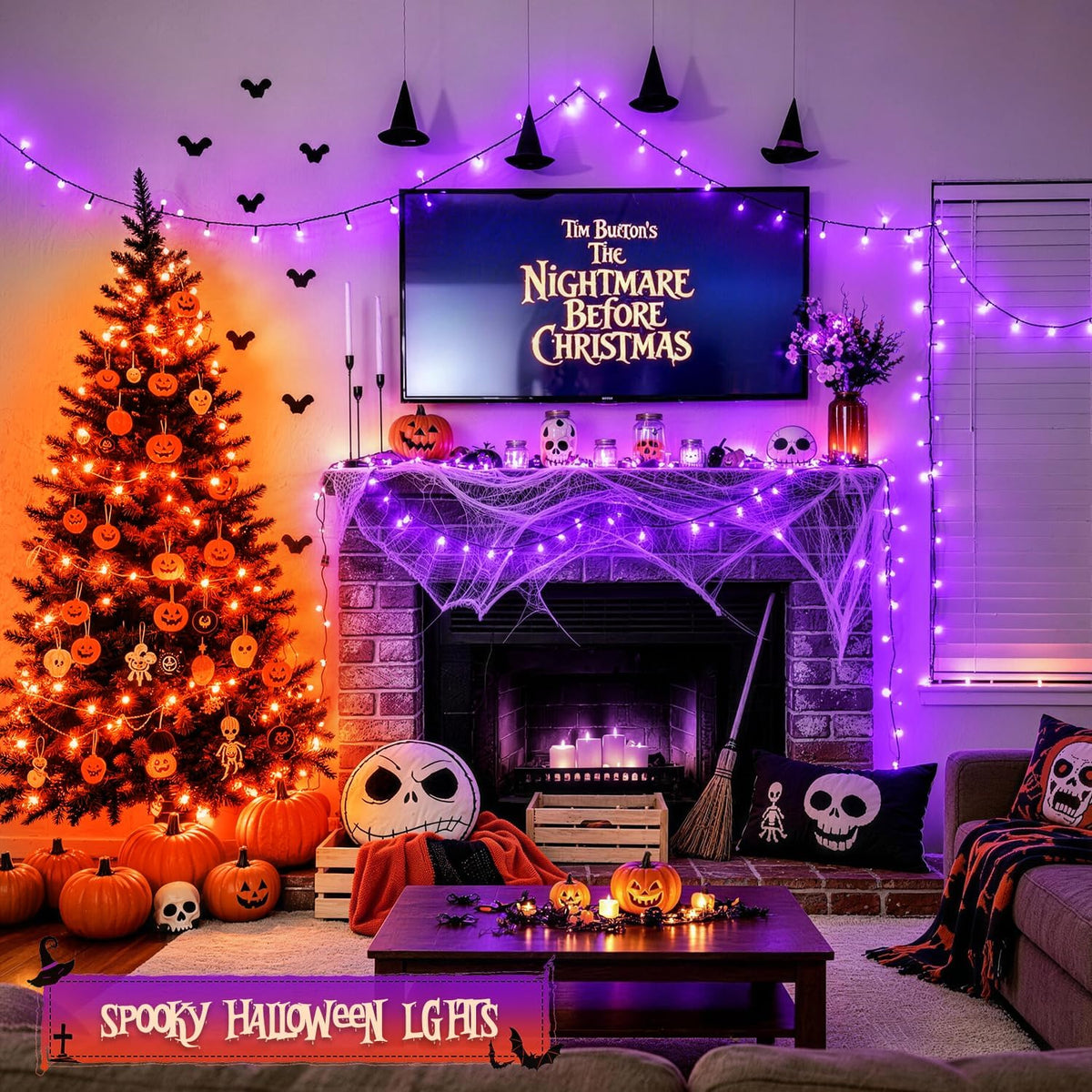 JMEXSUSS 250 luces LED de cadena de Halloween de 91.5 pies, de colo...