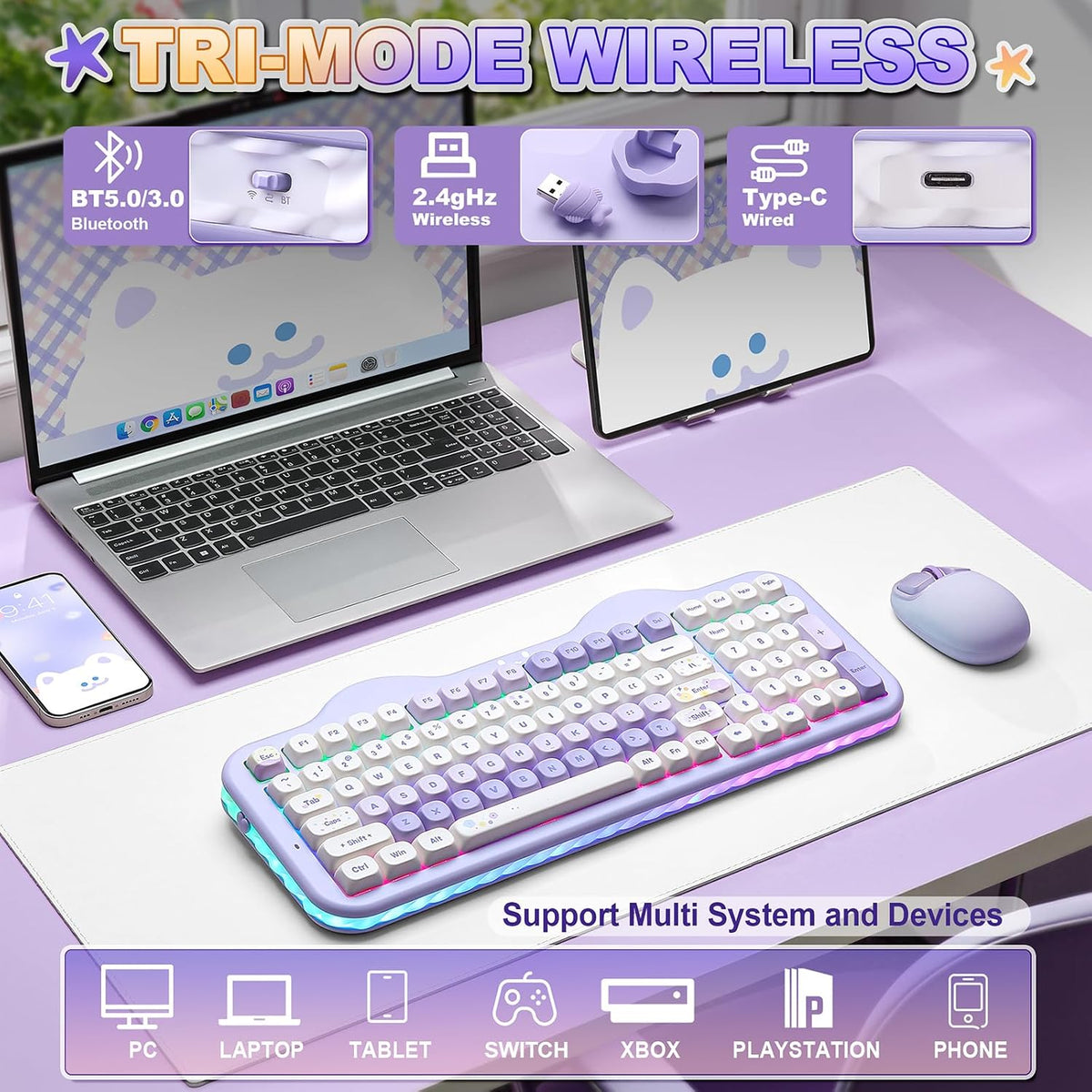 YUNZII Teclado mecánico inalámbrico C98 Cute Cake (morado, interrup...