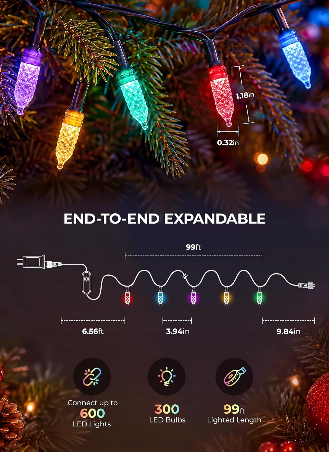 Luces LED inteligentes de Navidad de 99 pies, 300 unidades, mini ca...