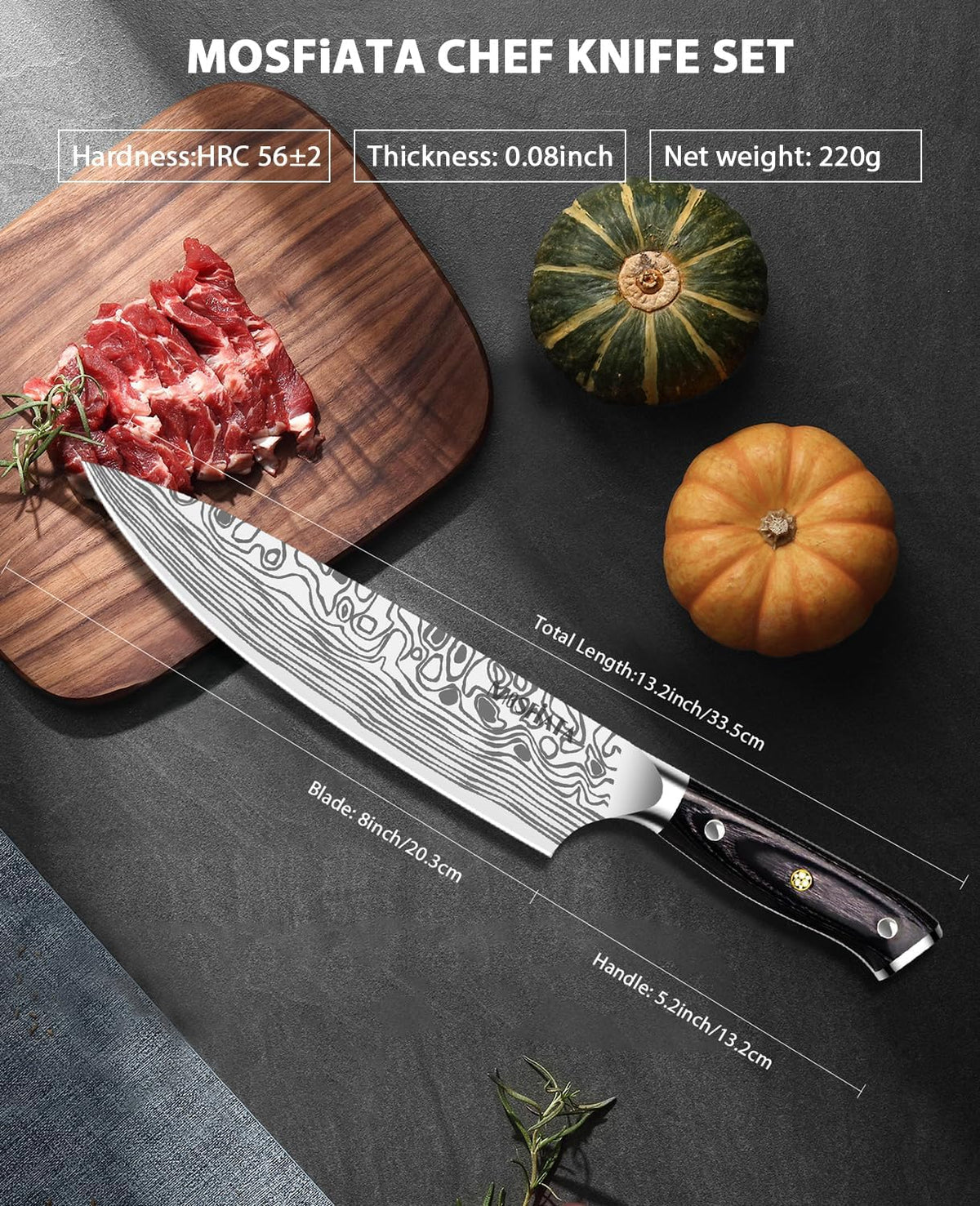 MOSFiATA - Cuchillo de chef profesional súper afilado de 8 pulgadas...