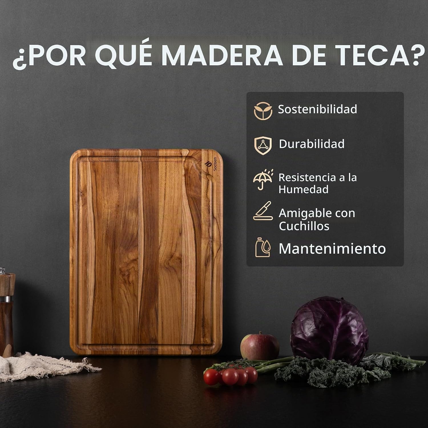 Tabla de cortar de teca de 15 pulgadas antideslizante para sobre el...