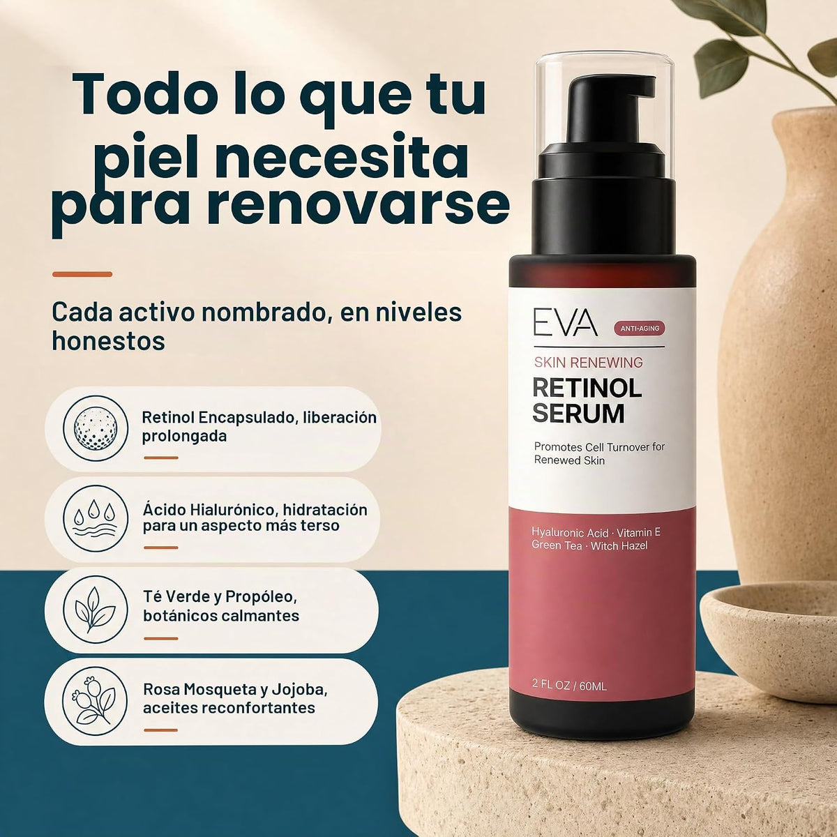 Eva Naturals Suero de retinol, ácido hialurónico y líneas finas, 2...