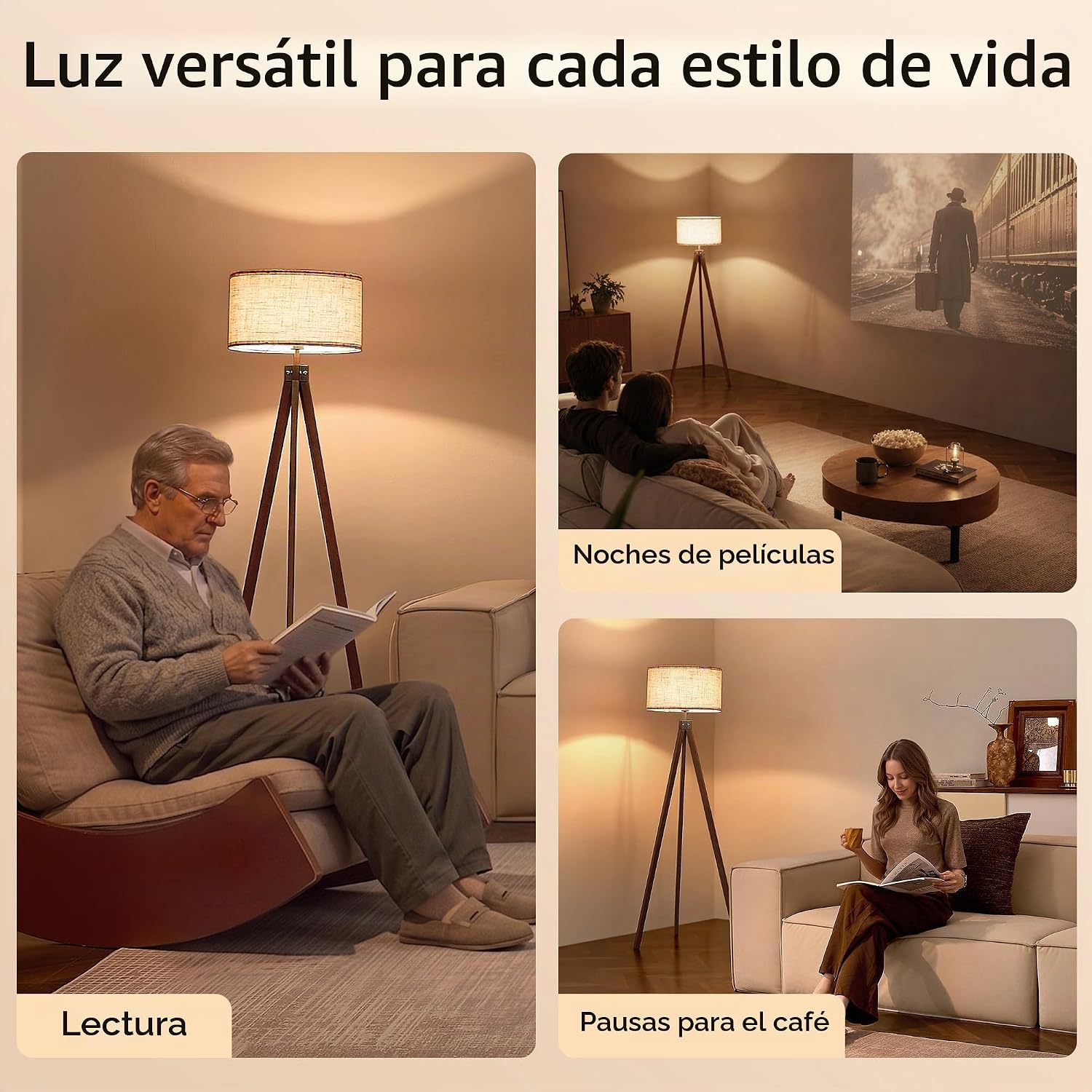 LEPOWER Lámpara de pie de trípode de madera, lámpara de pie de medi...