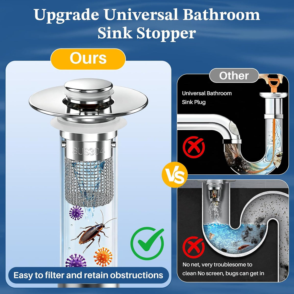 STILLM Colador de drenaje para fregadero de baño, tapón desplegable...