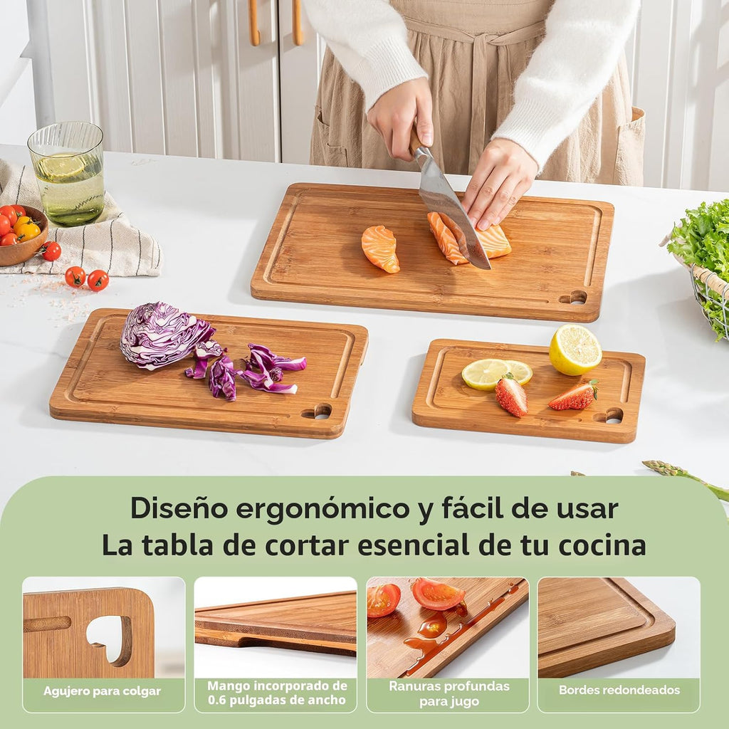 Vocvee Tabla de cortar de bambú para cocina (juego de 3), tabla de...