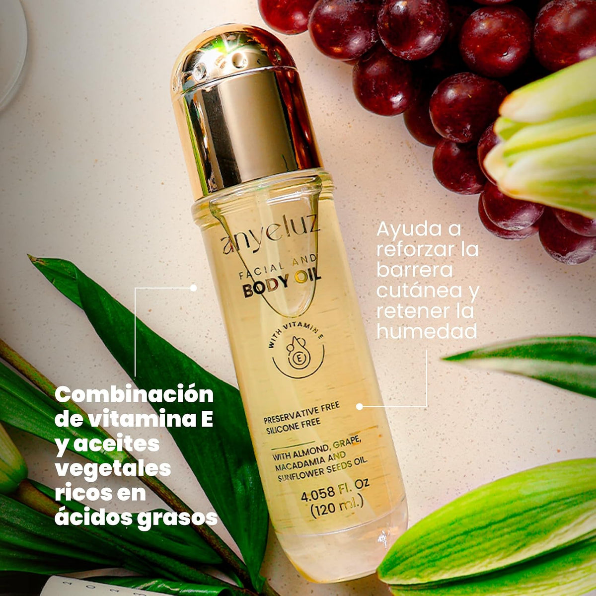 ANYELUZ Aceite Facial y Corporal con vitamina E, Fórmula antiedad d...