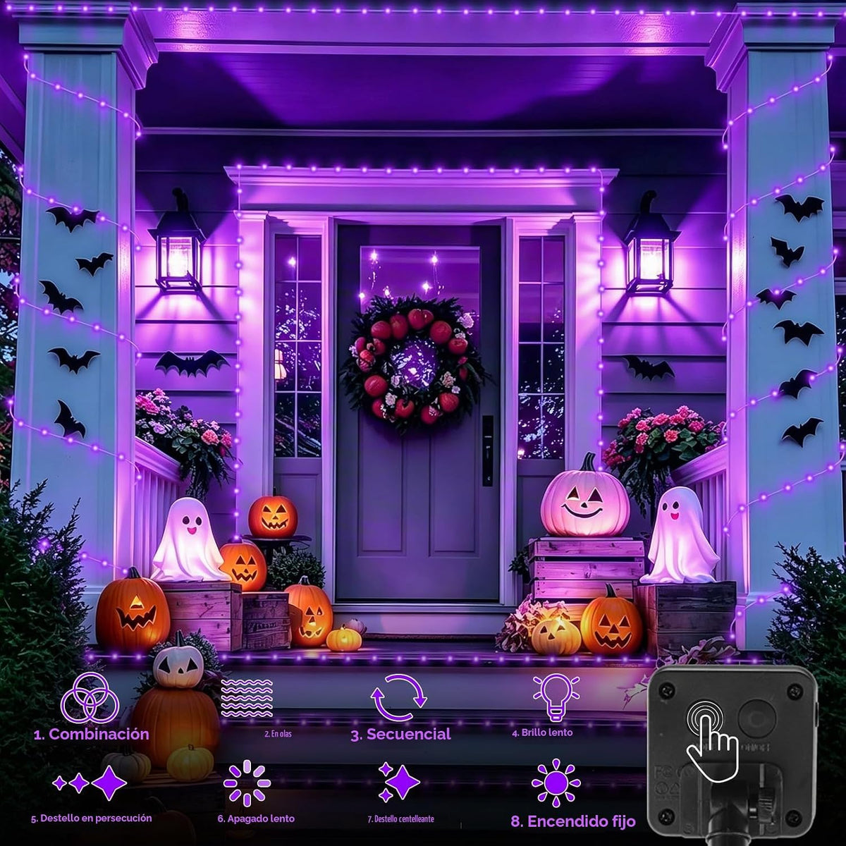 QITONG Luces solares de Halloween moradas, 66 pies, 200 luces LED s...