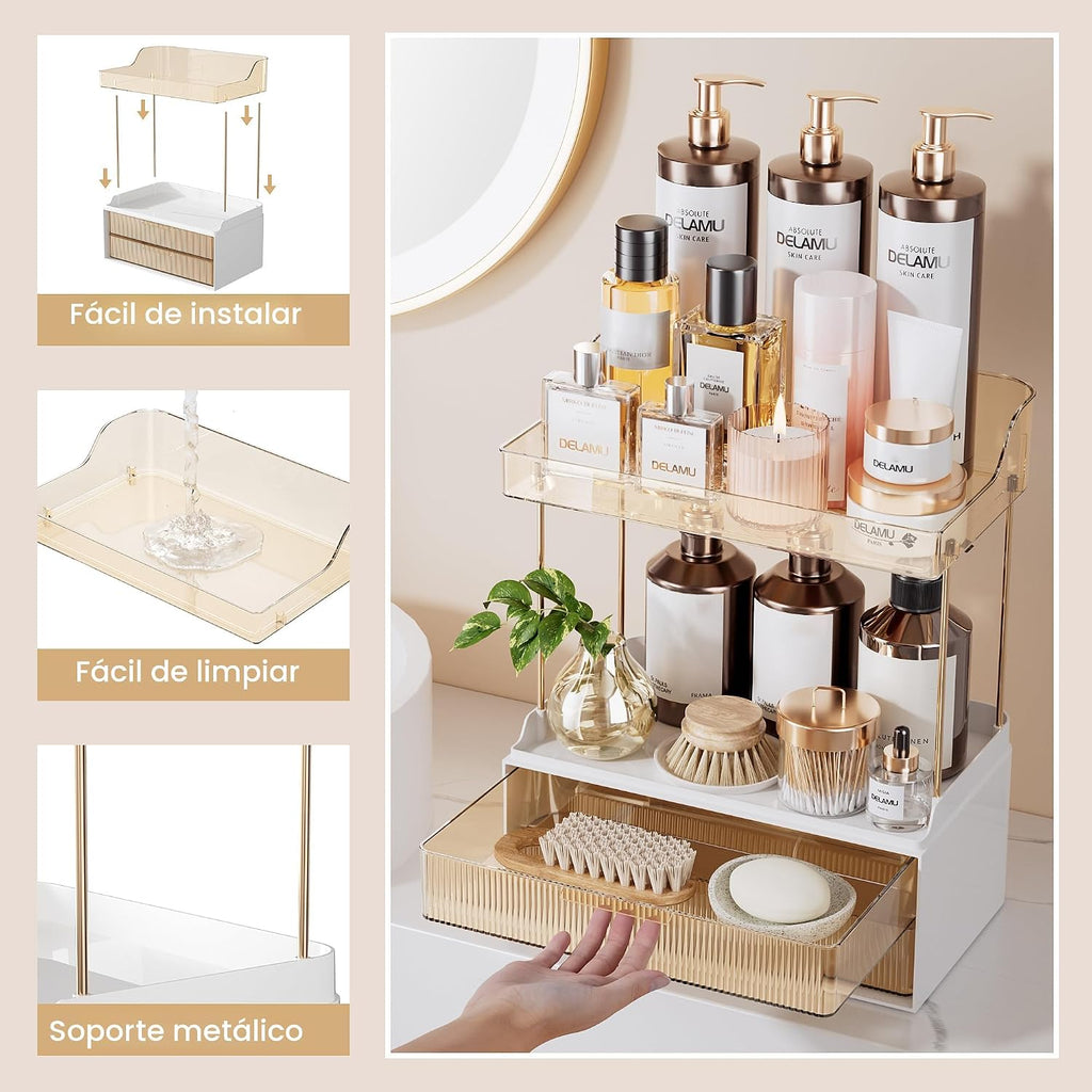 Delamu Organizador y almacenamiento de baño, 2 niveles y 2 cajones,...