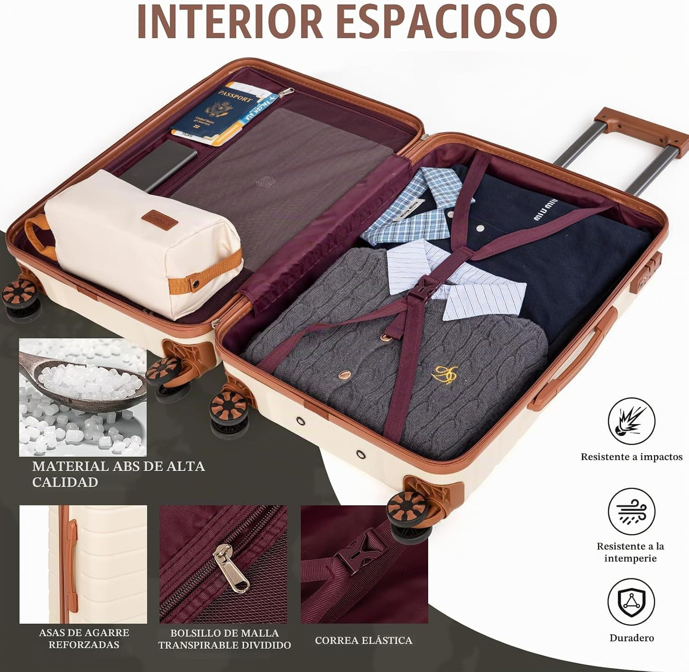 Cosbarn Juegos de equipaje de 5 piezas maletas con ruedas, Beige, M...