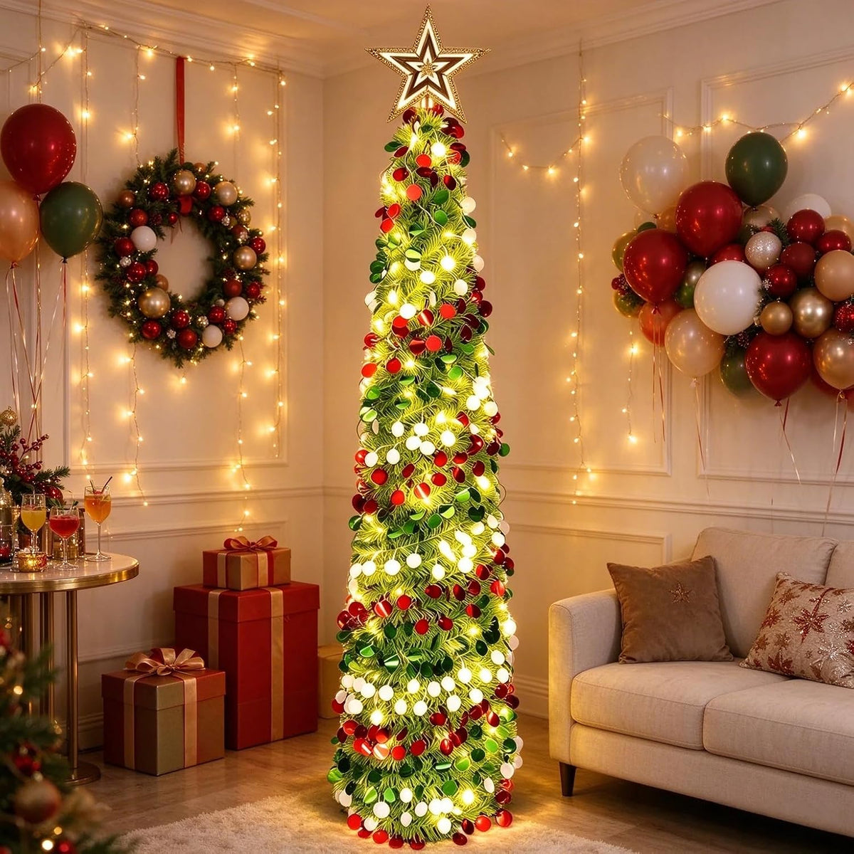 Árbol de Navidad de oropel de 5 pies con 50 luces LED cálidas, pleg...