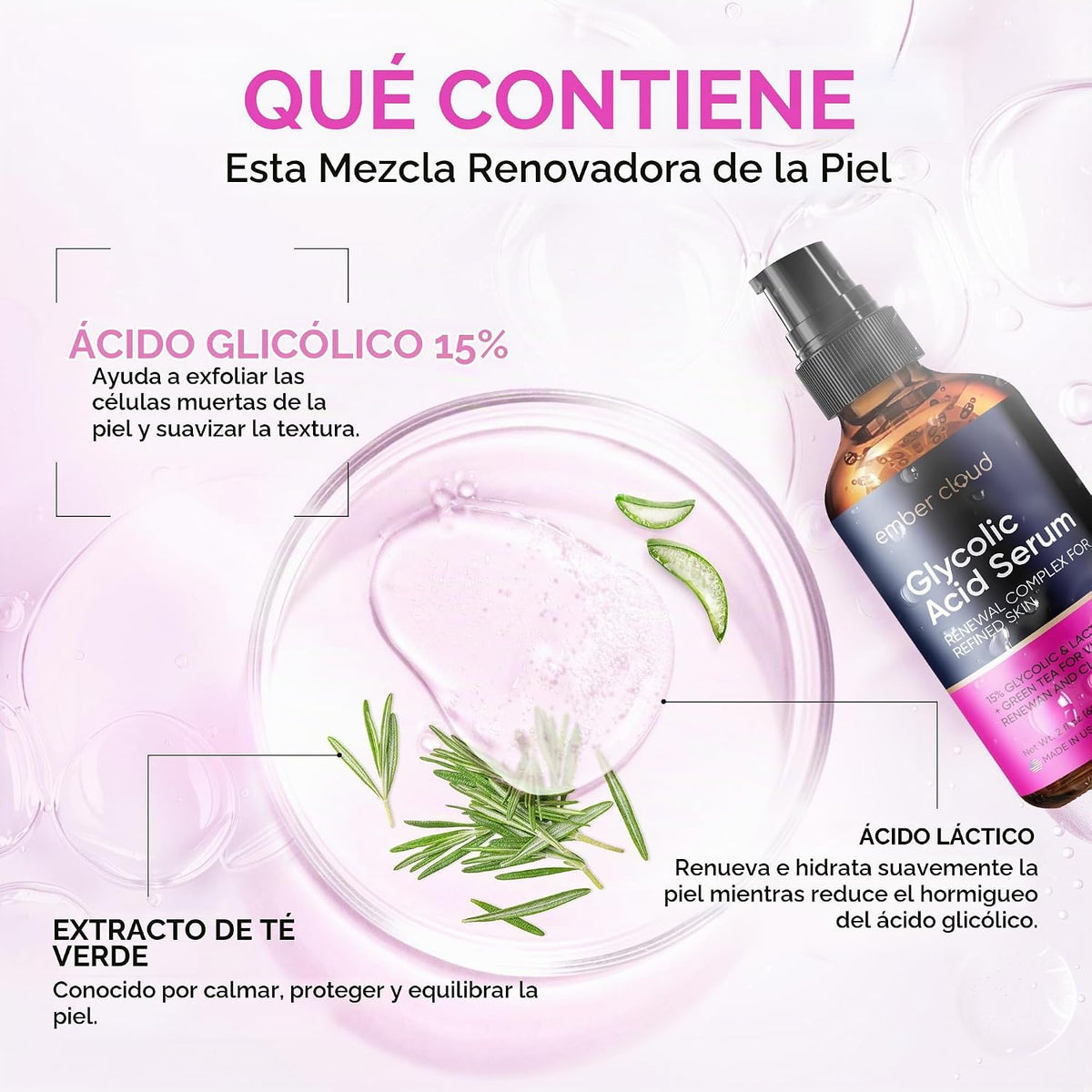 Ember Cloud Suero de ácido glicólico para cara 15%, ácido láctico y...